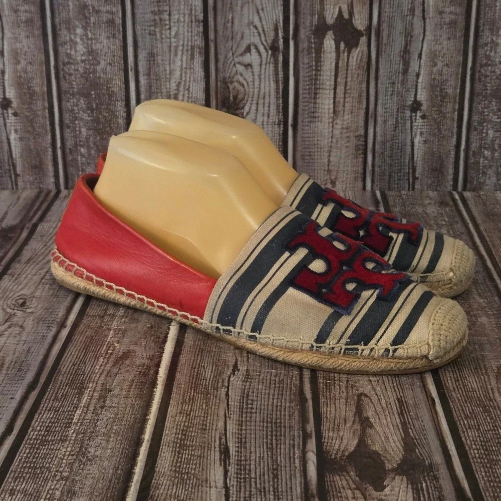 Sz 10 Tory Burch Ines Red Blue Stripe Canvas/ Leather Flat Espadrille Shoes